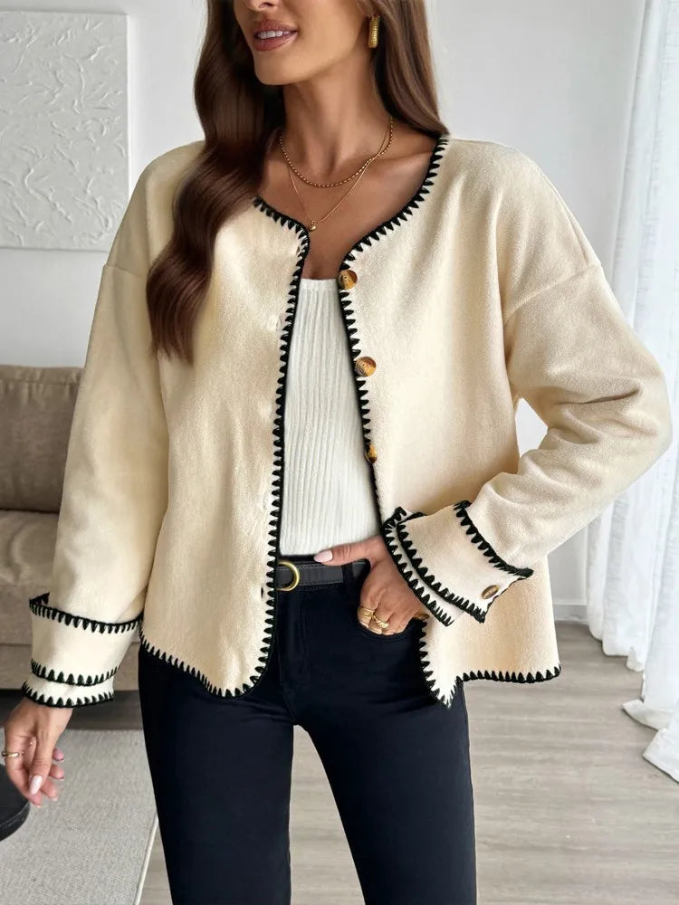 WW | Damen Casual Lockere Strickjacke mit Langen Ärmeln und Kontrastnähten