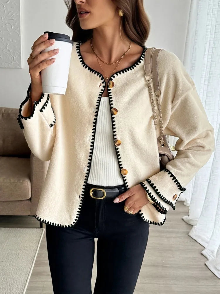 WW | Damen Casual Lockere Strickjacke mit Langen Ärmeln und Kontrastnähten