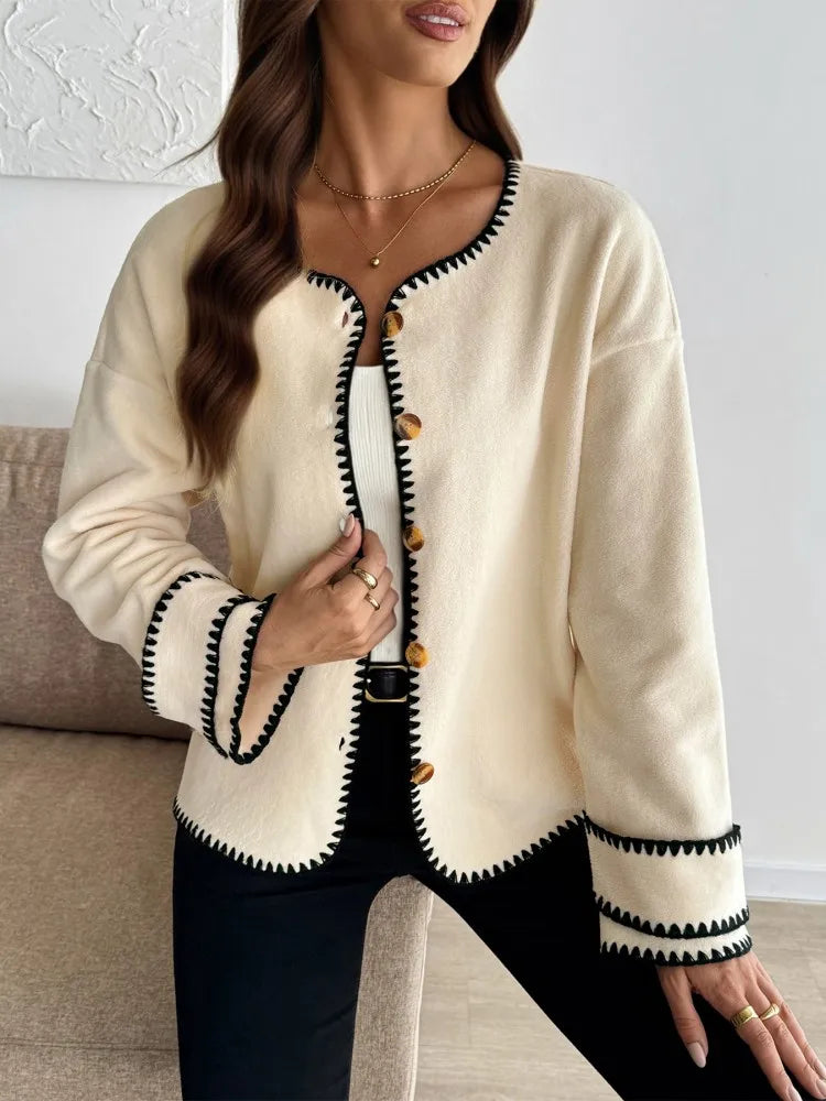 WW | Damen Casual Lockere Strickjacke mit Langen Ärmeln und Kontrastnähten