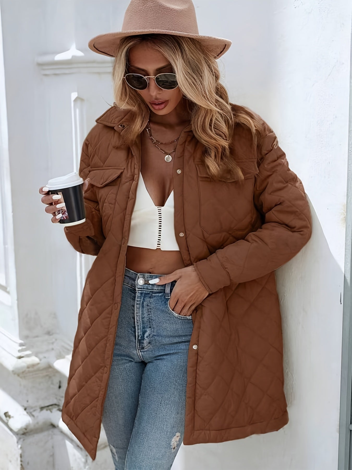 WW | Damen Wattierte Pufferjacke mit Knopfverschluss und langer Passform