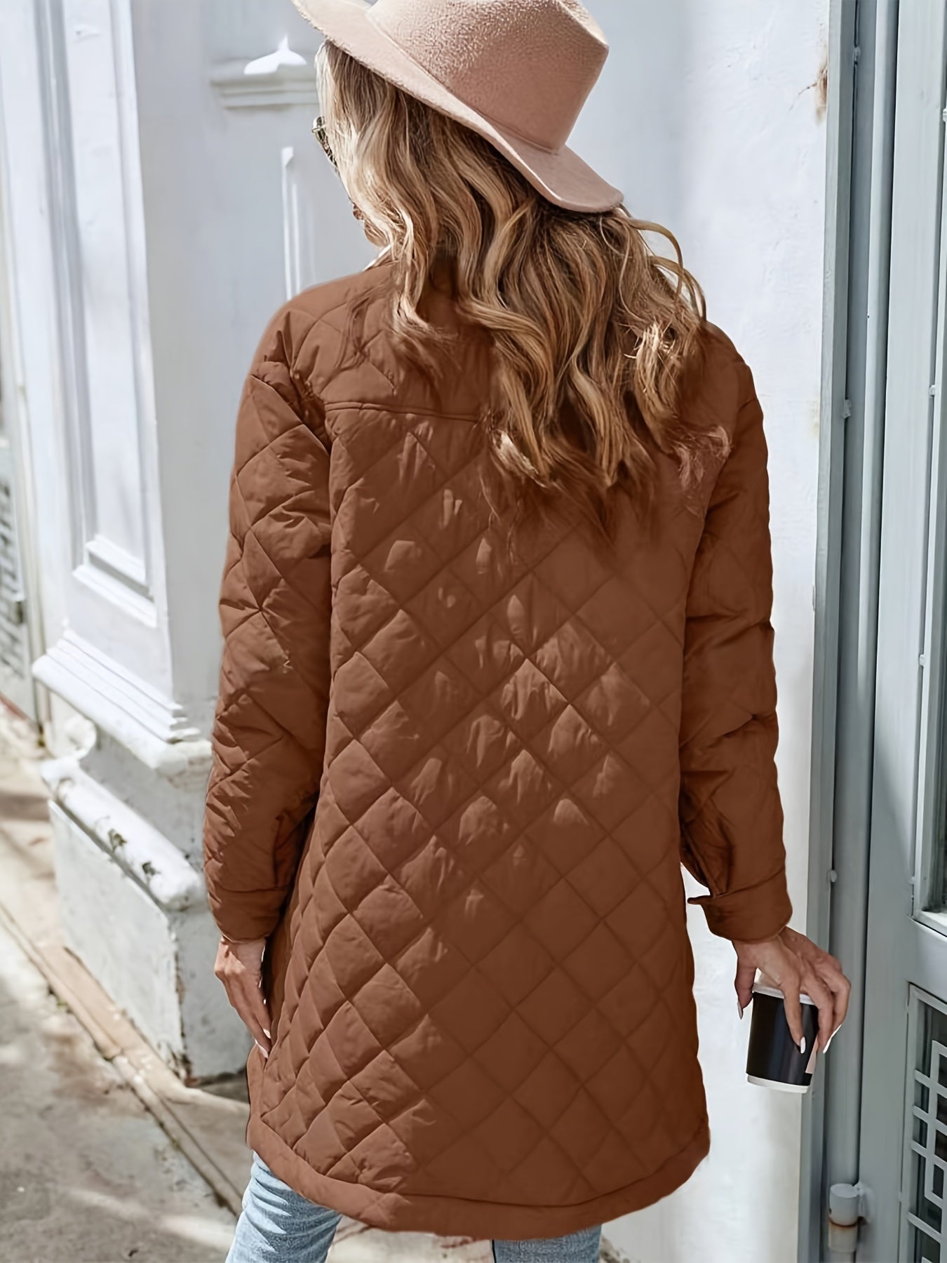 WW | Damen Wattierte Pufferjacke mit Knopfverschluss und langer Passform