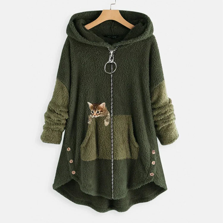 WW | Lange Jacke Übergroß Schnitt Weicher Fleece Look Kängurutasche High Low Saum
