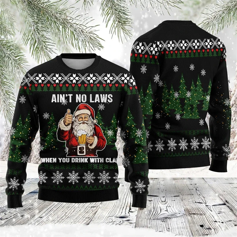 WW | Buntes Santa Claus Cartoon Druck - Schwarzer Feiertags-Icon Pullover