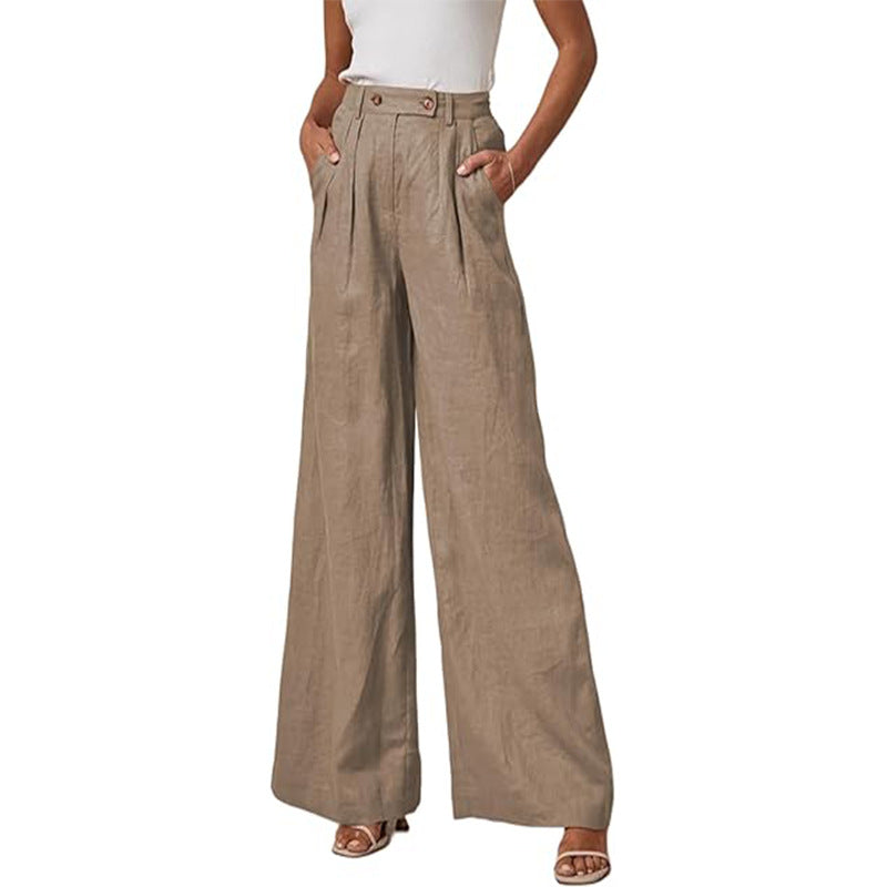 Damen elegante weite Leinenhose mit hohem Bund und Falten WW