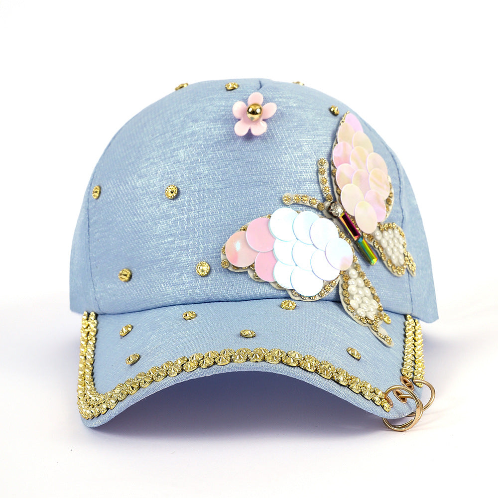 Damen modische Baseballmütze mit buntem Schmetterlingsmotiv und funkelnden Strassverzierungen WW