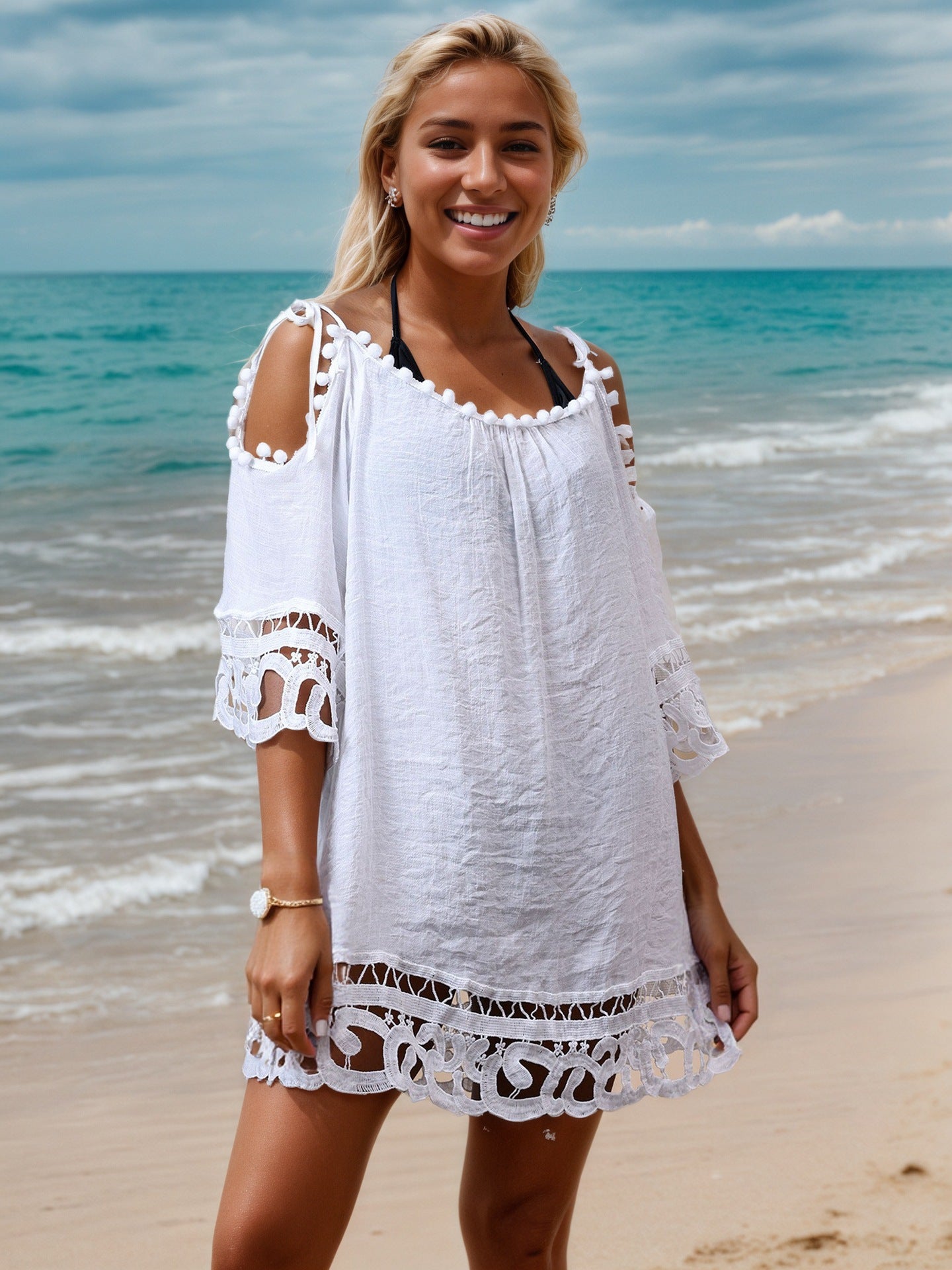 Damen Strandüberwurf mit Spitzen- und Quastendetails WW