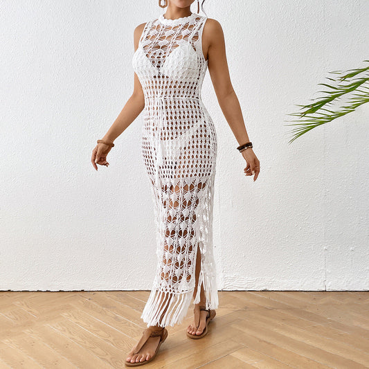 Damen gehäkeltes Strandkleid mit tiefem Schlitz und fransigen Akzenten WW