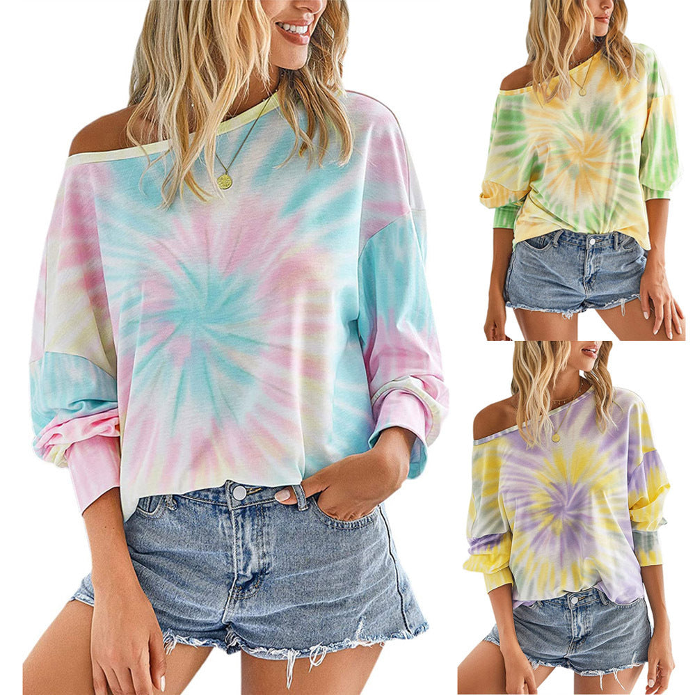 Damen lässiges Sweatshirt mit asymmetrischem Ausschnitt und modernem Tie-Dye-Design WW