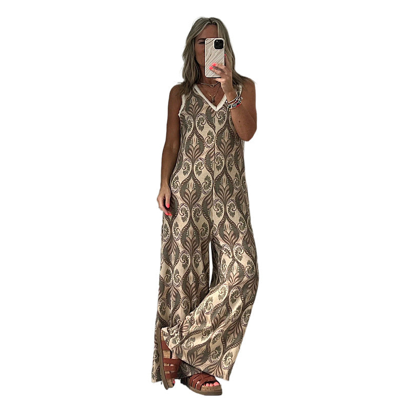 Women's Jumpsuit with Wide Leg and Elegant Leaf Pattern WW