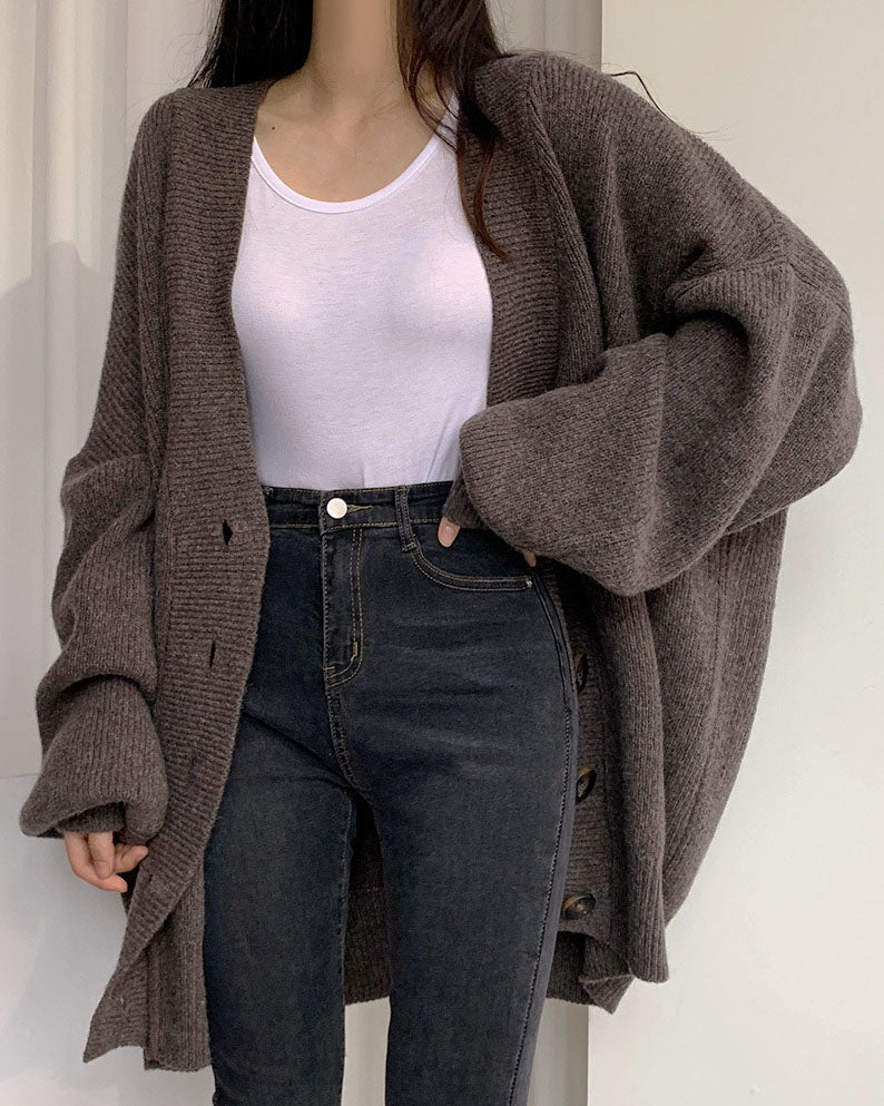 WW V-Ausschnitt einreihig lockerer Laternenärmel Strickcardigan