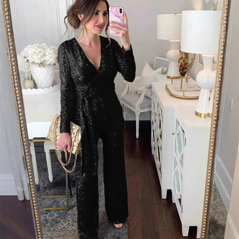 Women's Glamorous Jumpsuit with Sparkling Sequins and Elegant Deep V-Neck WW
