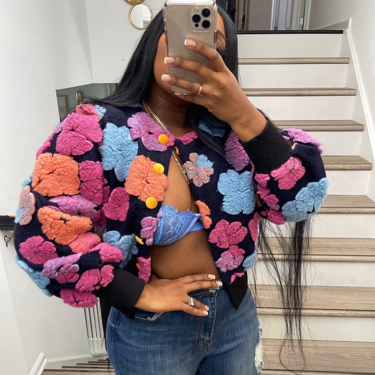 WW | 3D Floral Patchwork Jacke - Statement Piece - Polyester-Mischung - Trendige Streetwear