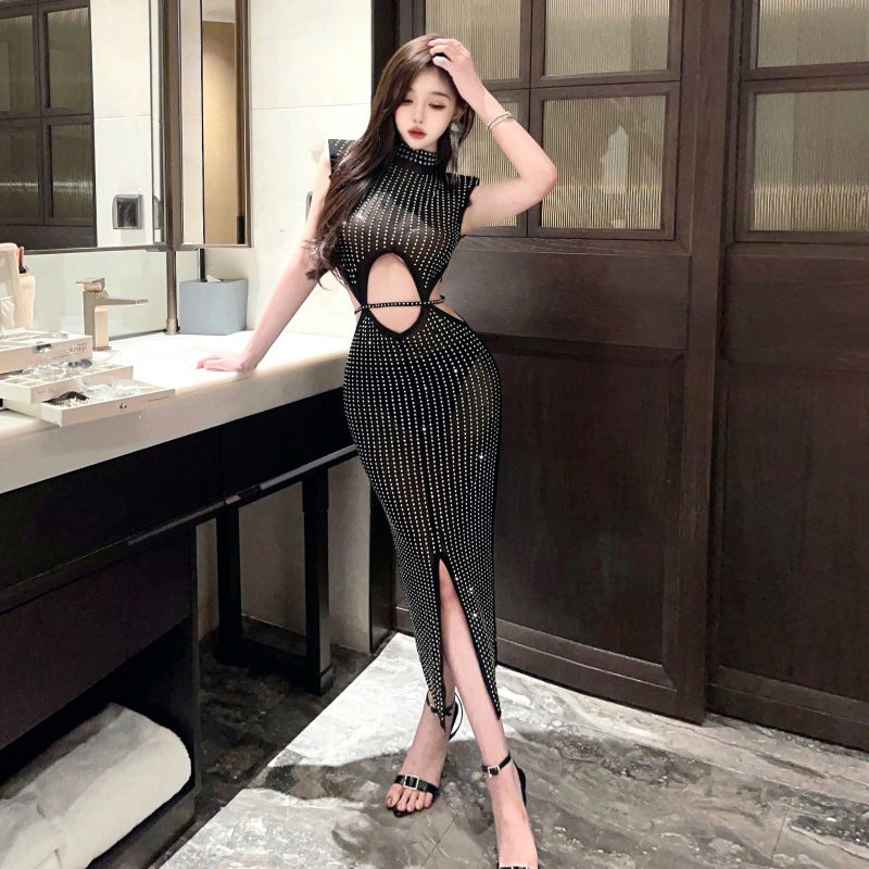 WWMODE | Sexy Mesh Durchsichtig Strass Hollow Split Bodycon Kleid