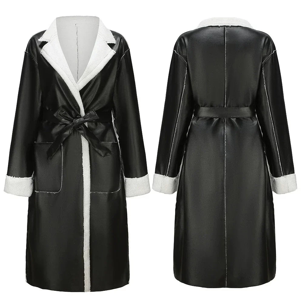 WW | Women's Long Coat – Faux Leather – Oversized Wrap Fit – Plush Trim – Tie Belt