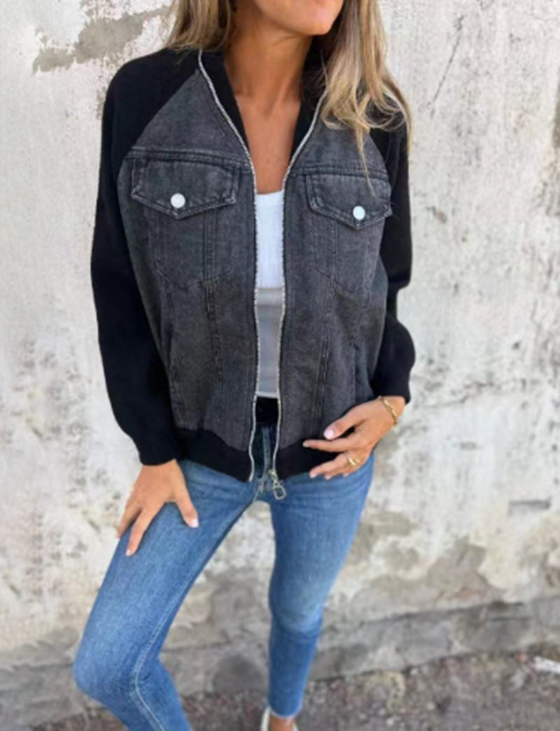 Damen Denim-Jacke mit kontrastfarbenen Ärmeln und praktischen Taschen WW