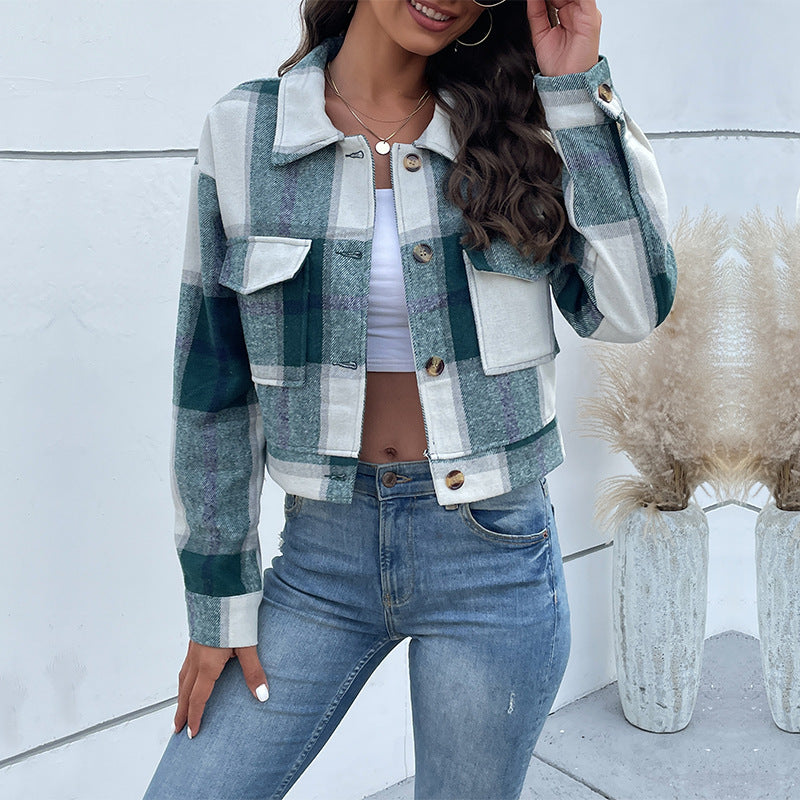 Damen cropped Karo-Jacke mit praktischen Taschen und modischen Details WW