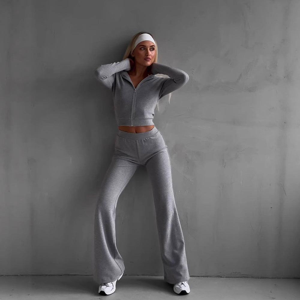 Damen lässiger Fitnesstraininganzug mit Reißverschluss und weiten Beinen WW
