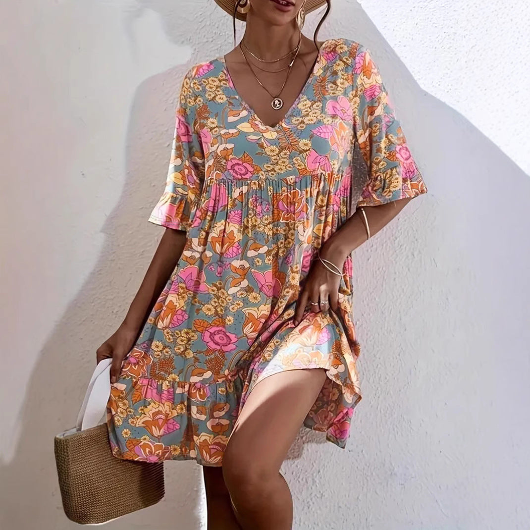 Damen Freizeitkleid mit V-Ausschnitt und fließendem Schnitt WW