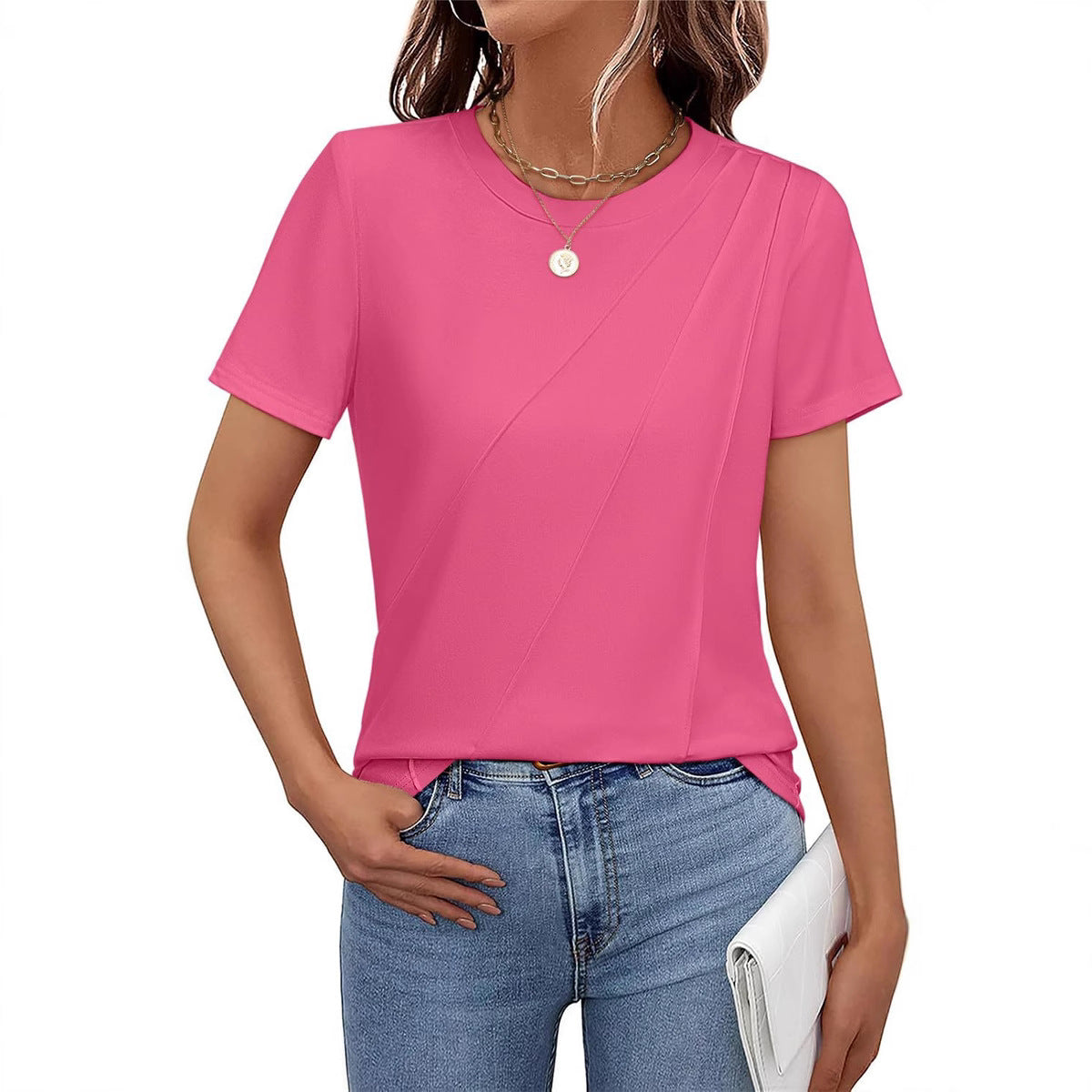 WW | Solid Striped Loose Crew Neck Short Sleeve Top