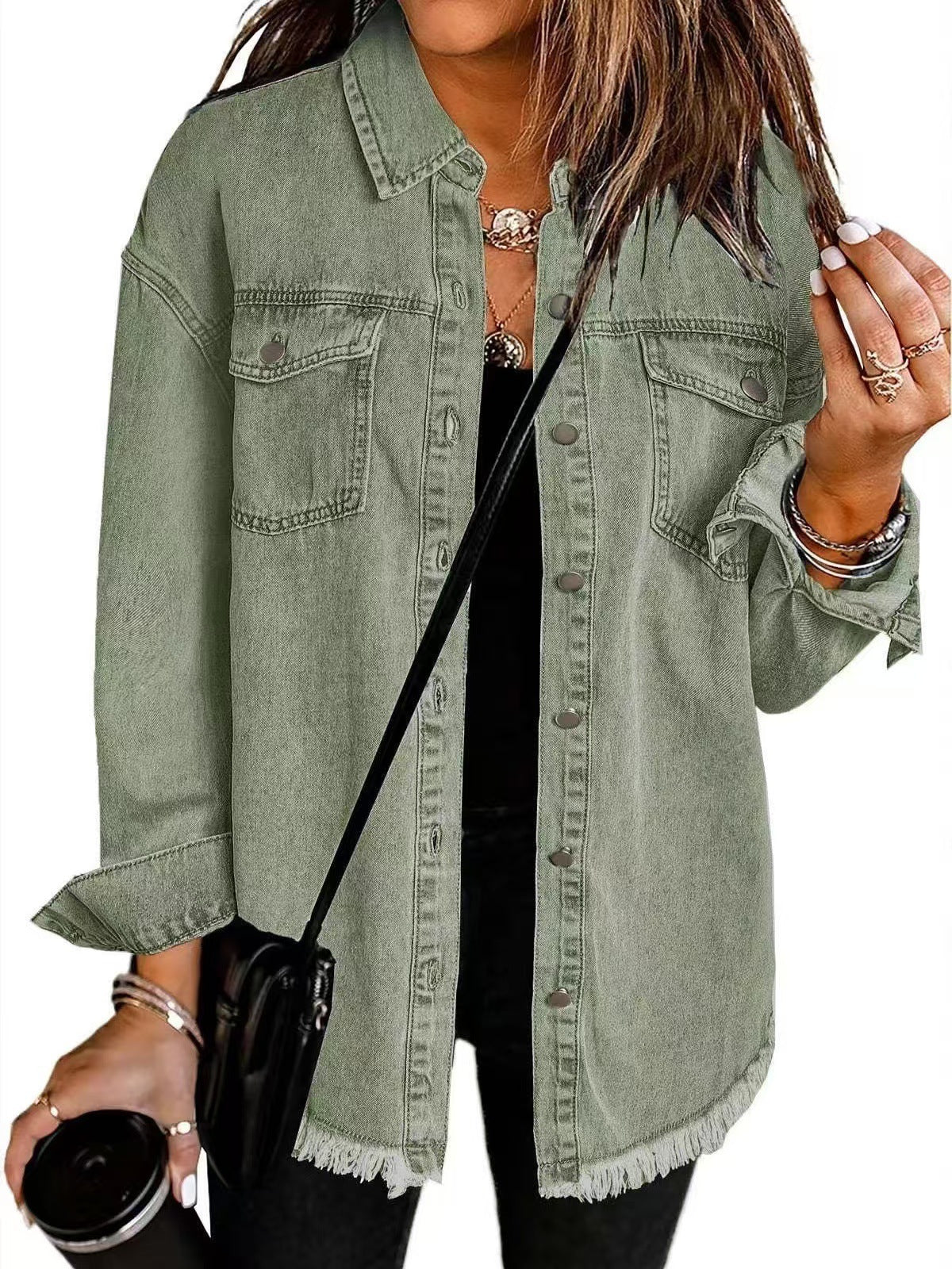 Women's Oversized Denim Shirt with Fringes WW