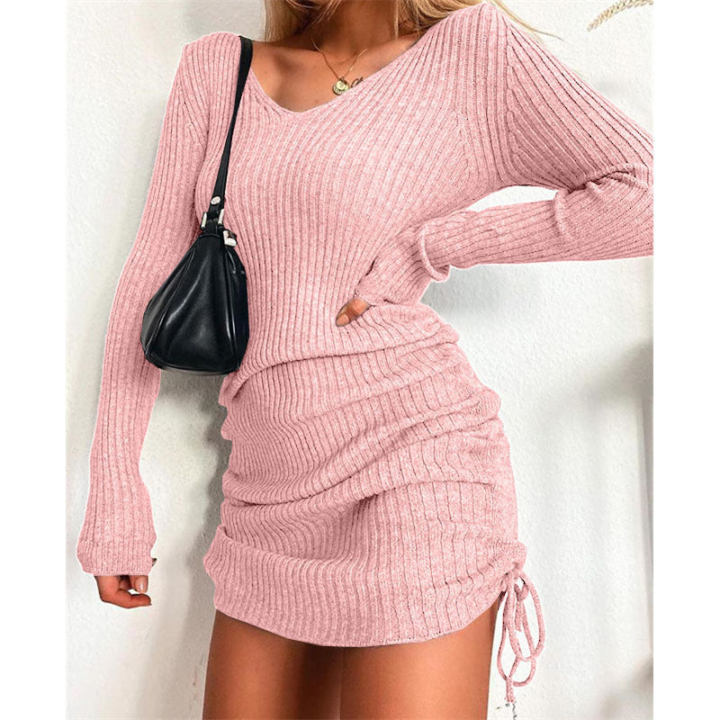 Damen figurbetontes Strickkleid mit raffinierten Rüschendetails WW