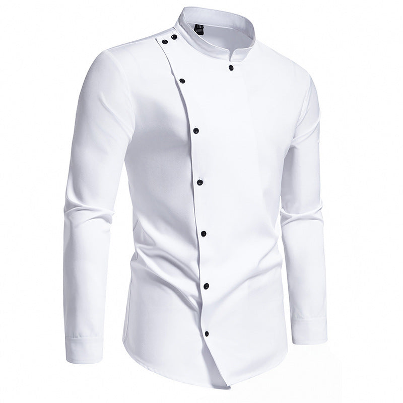 Men's fashionable shirt with asymmetrical button design and elegant stand-up collar WW