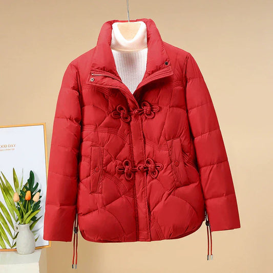 WW | Pufferjacke Gestepptes Design Kurze Länge Dekorativer Froschverschluss