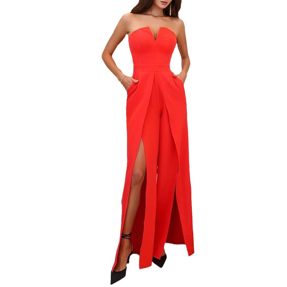 Women's Elegant Strapless Wide-Leg Jumpsuit with Pockets WW