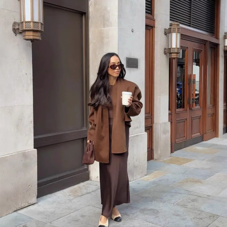 Women's Oversized Jacket with Elegant Cut and Matching Scarf WW