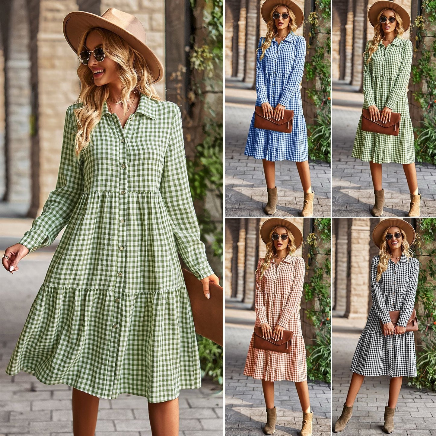 Damen karierte Midi-Bluse mit Knopfleiste und ausgestelltem Rock WW