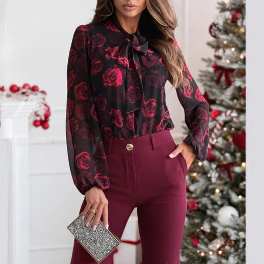 Damen Transparente Bluse mit floralem Design und elegantem Schleifenkragen WW