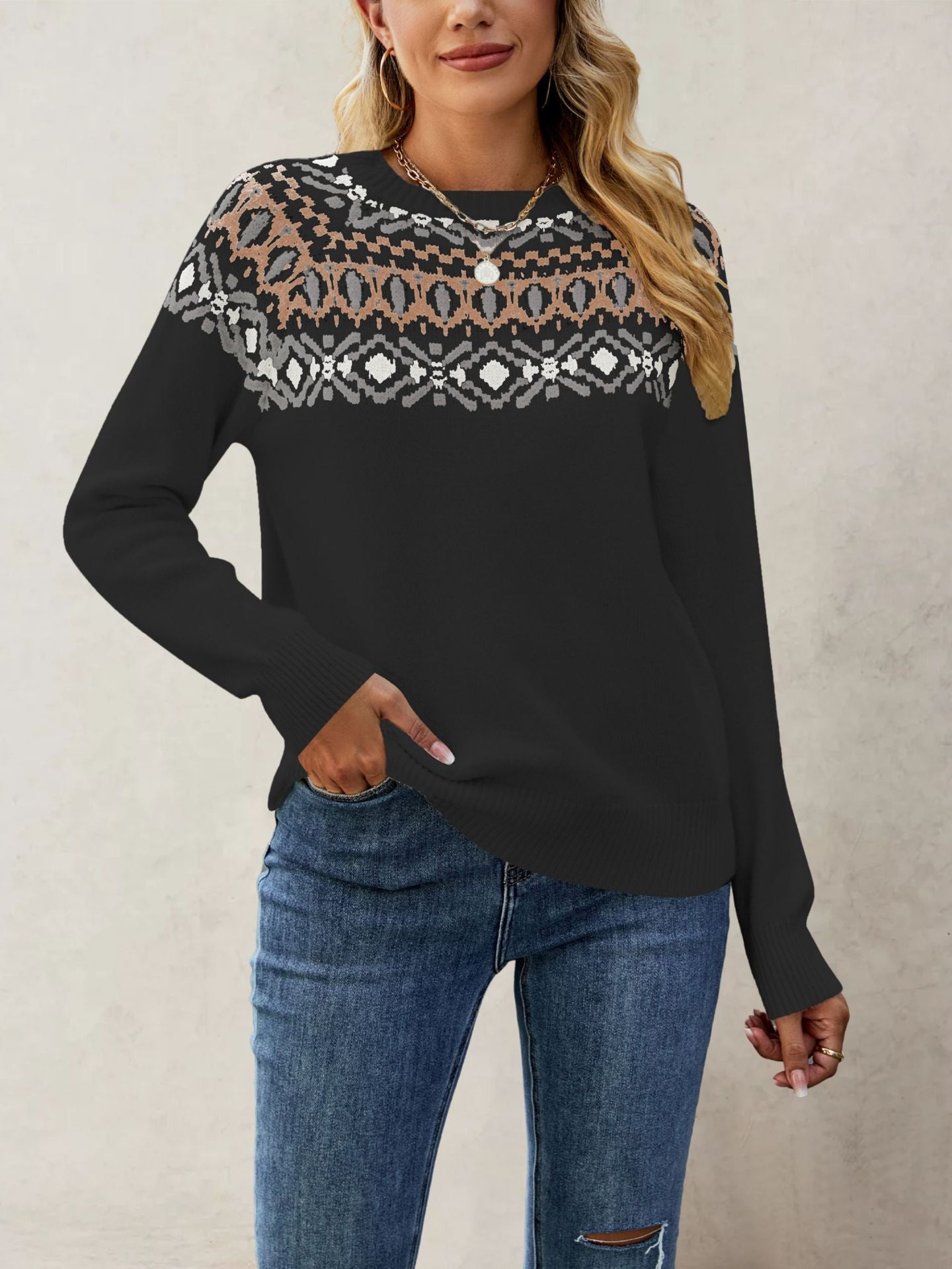 Women's Nordic Pattern Jumper with Round Neck and Casual Cut WW