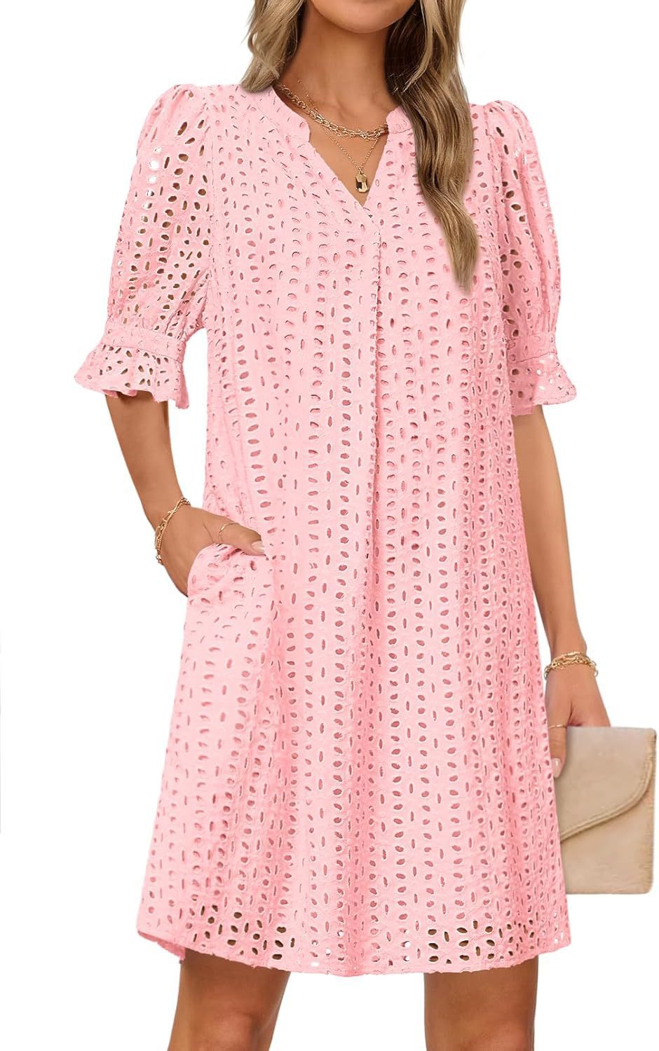 Damen luftiges Sommerkleid mit romantischem Lochmuster und praktischen Taschen WW