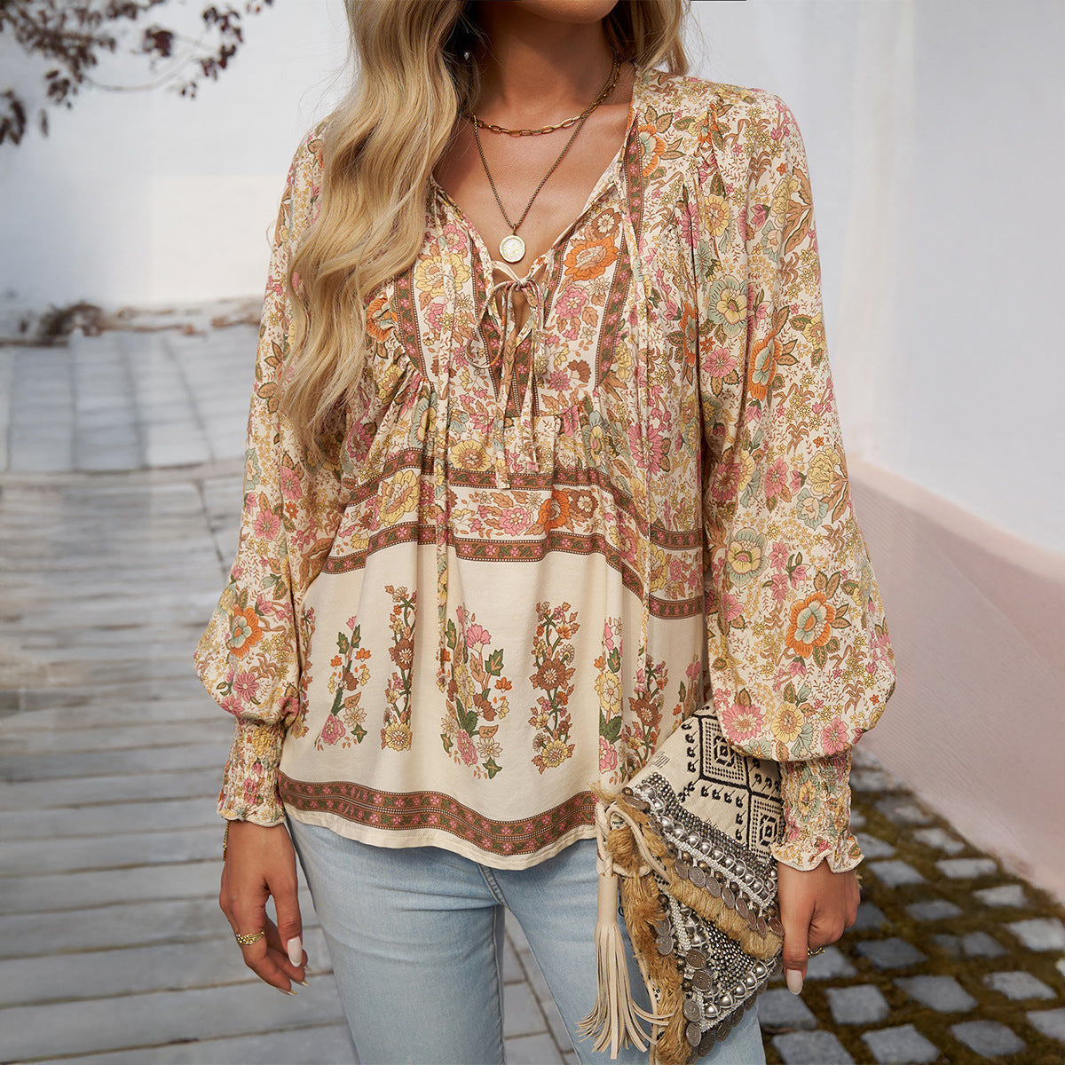 WW | Cotton Printed Drawstring Top with Long Sleeves