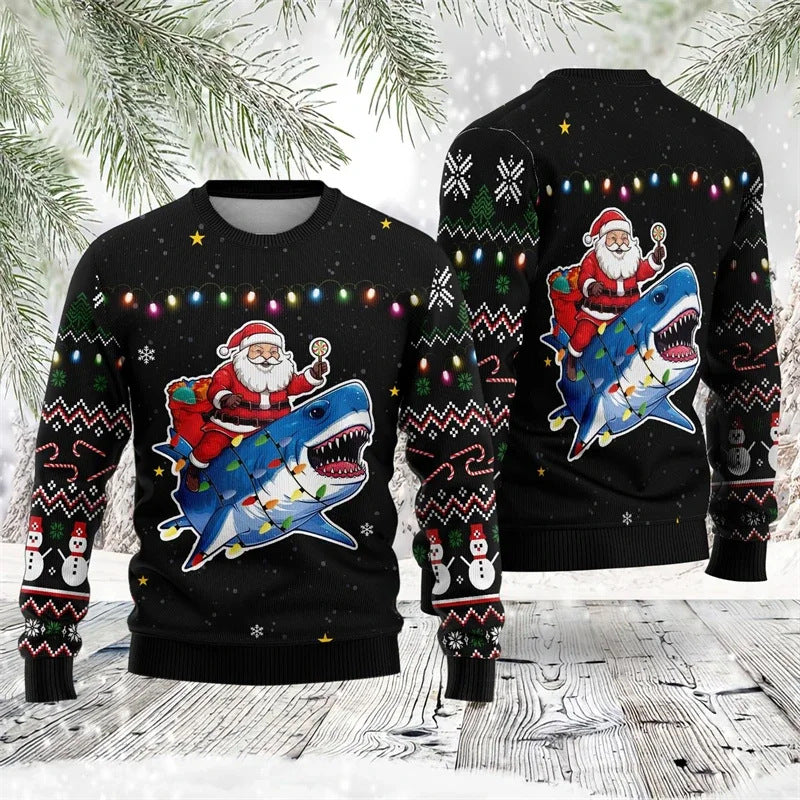 WW | Buntes Santa Claus Cartoon Druck - Schwarzer Feiertags-Icon Pullover