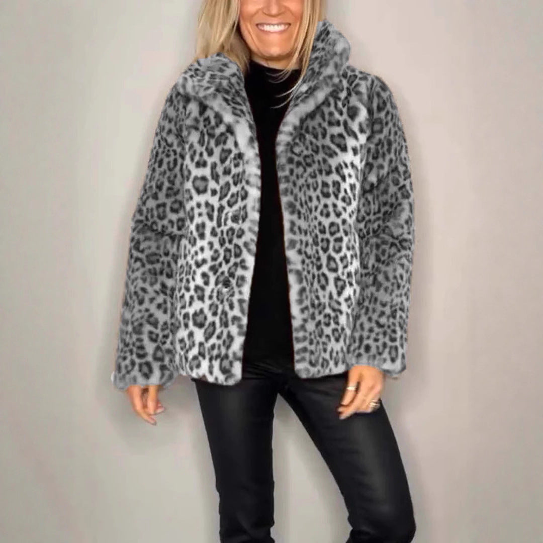 Damen Flauschige Leopardmuster Jacke mit hohem Kragen WW