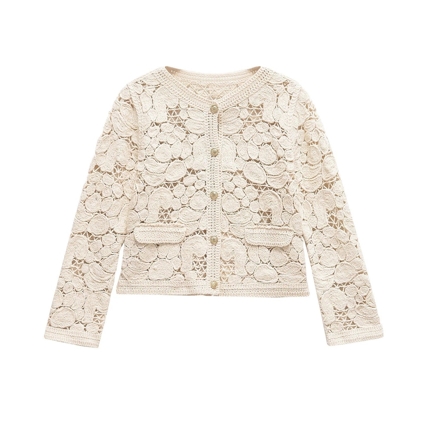 Women's fine lace cardigan with decorative button details and elegant silhouette