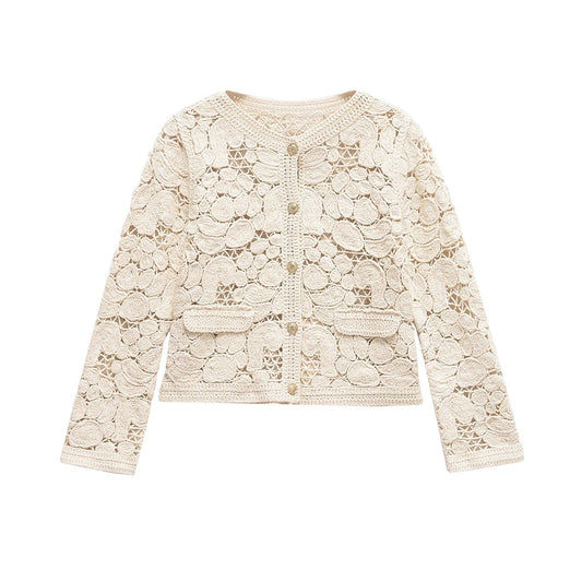 Damen Strickjacke aus feiner Spitze mit dekorativen Knopfdetails und eleganter Silhouette WW