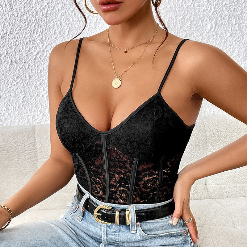 Damen Spitzenbody mit elegantem V-Ausschnitt und transparenten Einsätzen WW