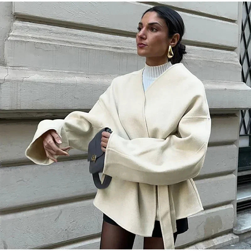 Women's elegant wrap jacket with waist belt W&W