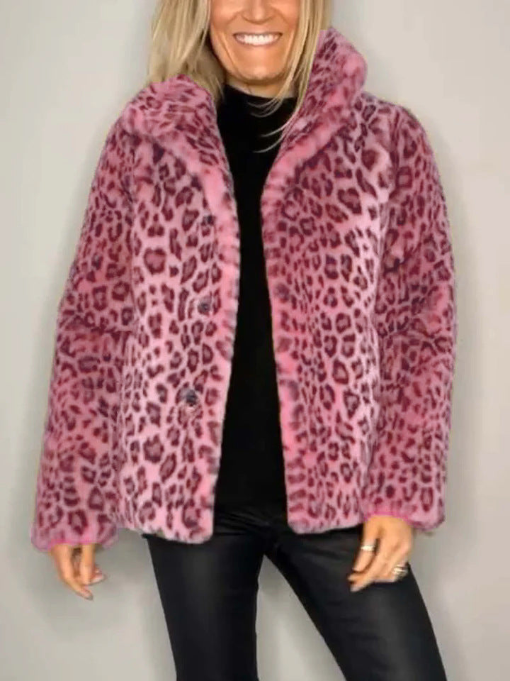 WW | Mantel Faux Fur Übergröße Passform Tierdruck Offene Vorderseite Reverskragen