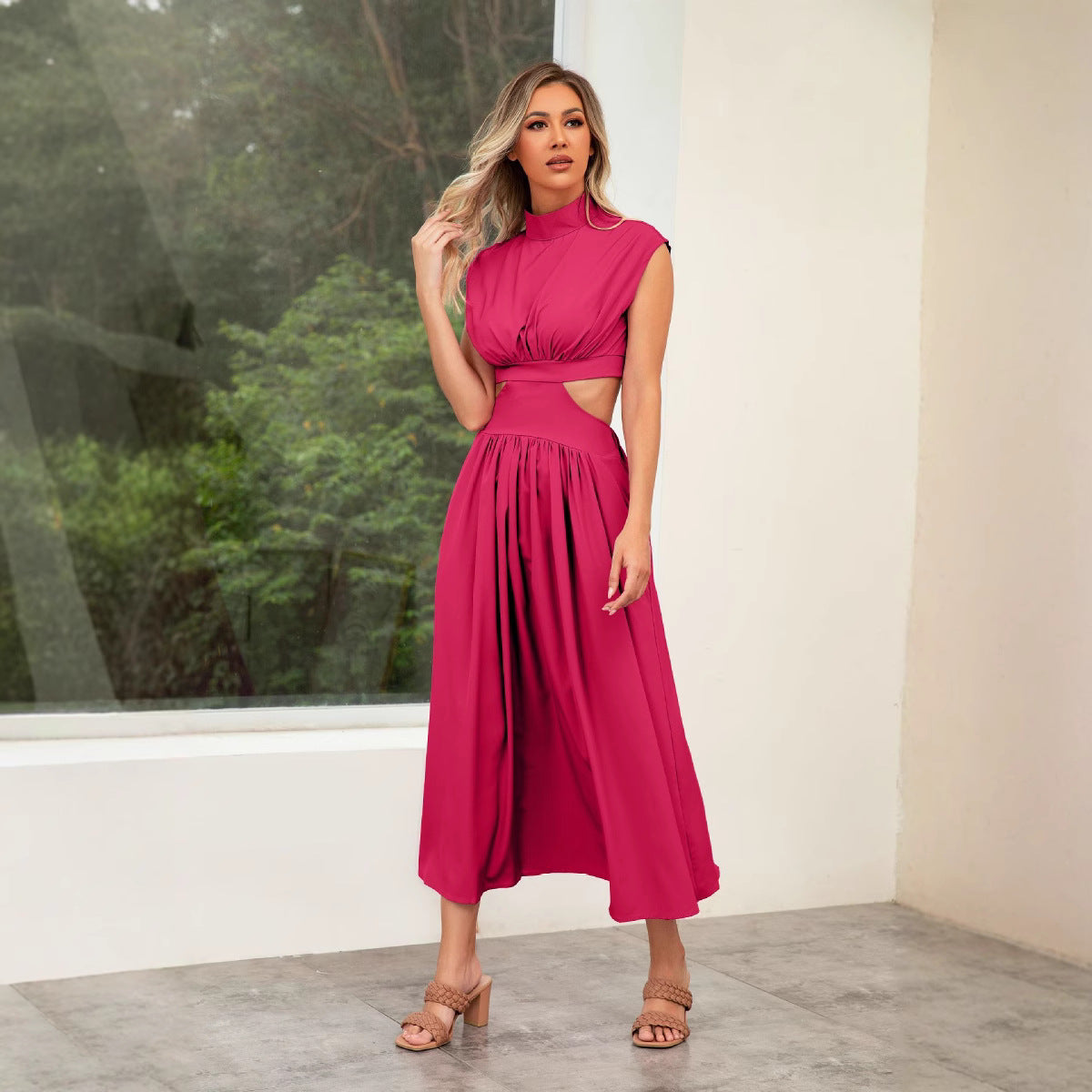 Damen Cut-Out Sommerkleid mit hohem Kragen WW