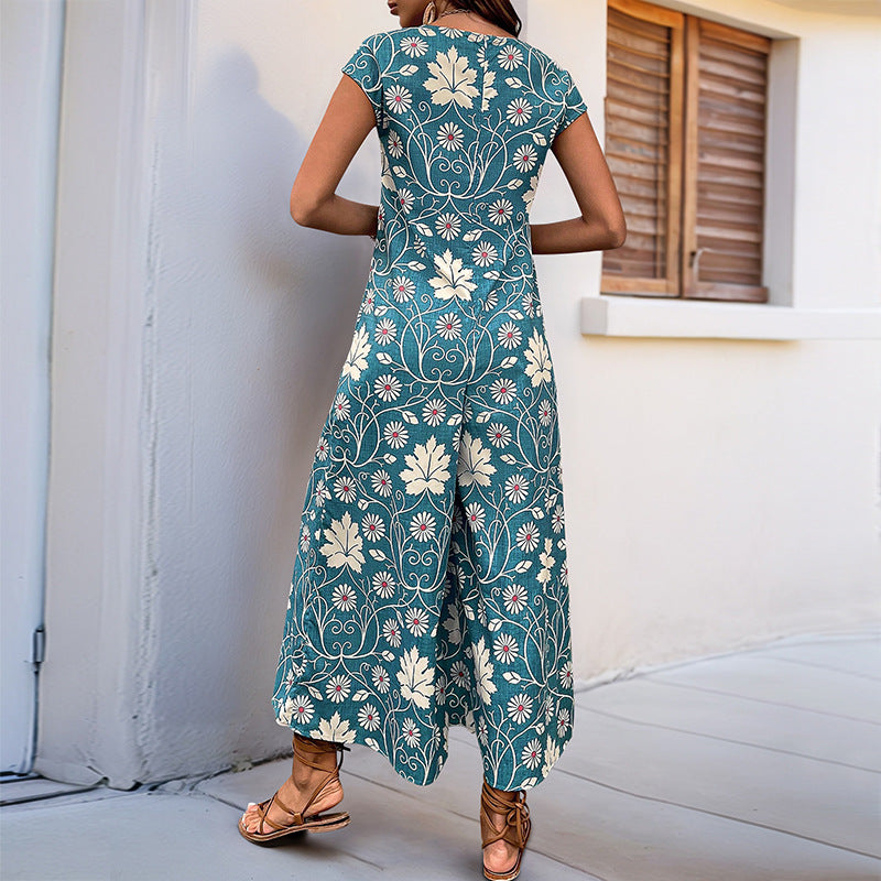 Women's Jumpsuit with Floral Design and Chestnut Tie-Belt WW