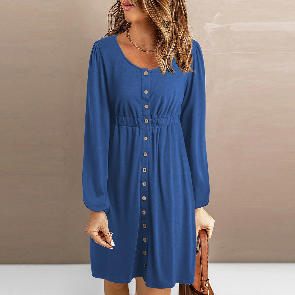 Damen knielanges Kleid mit Knopfdetails und elastischem Taillenzug WW