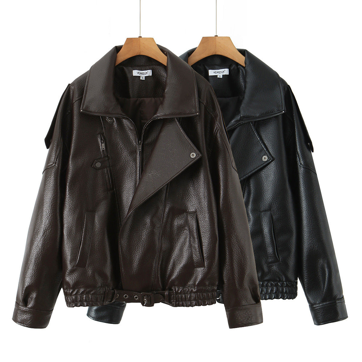 Damen lässige Kunstleder Bikerjacke mit praktischen Taschen und elastischem Bund WW