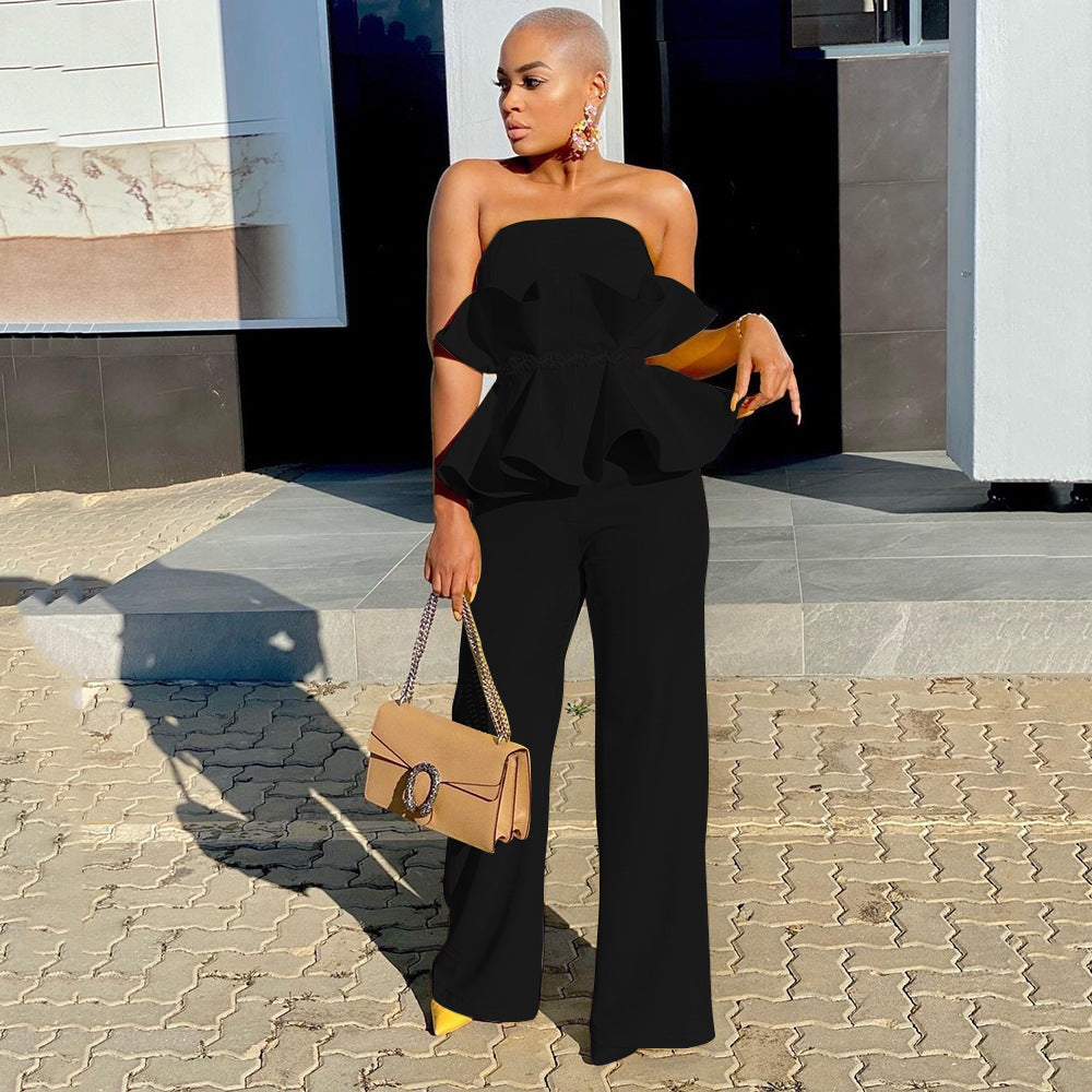 Women's jumpsuit with voluminous ruffle design and off-the-shoulder top WW