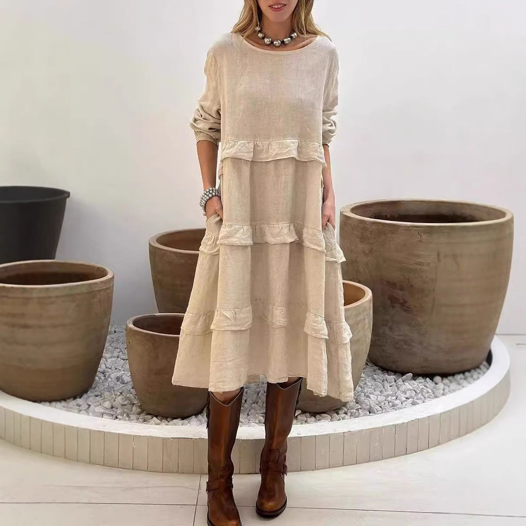 WW | Ruffled Round Neck Long Sleeve Dress
