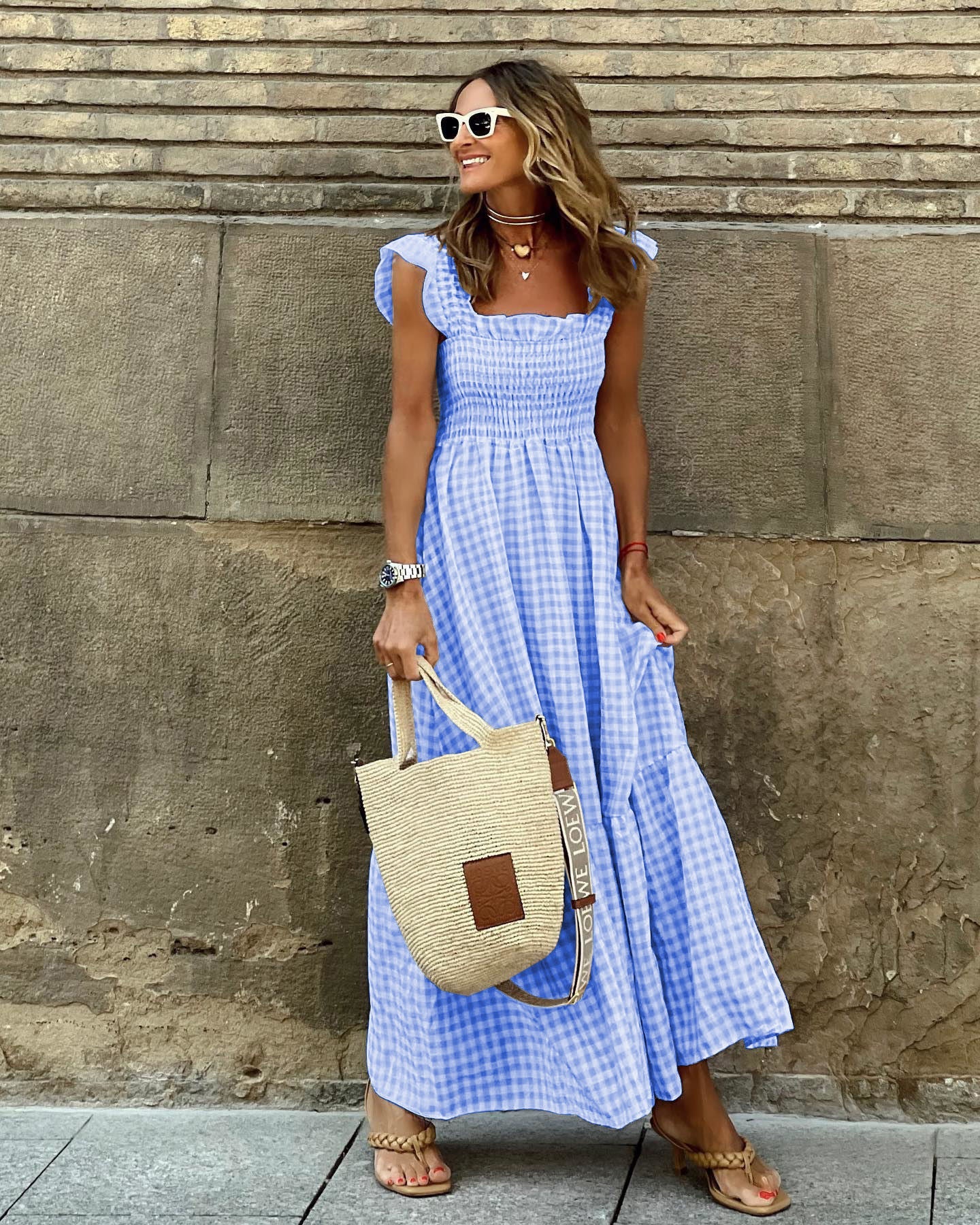 Damen luftiges Maxikleid mit Vichy-Karo und schulterfreien Rüschen WW