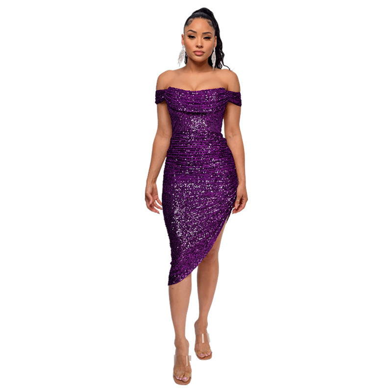 WW | Schalkragen-Pailletten-Midi-Kleid