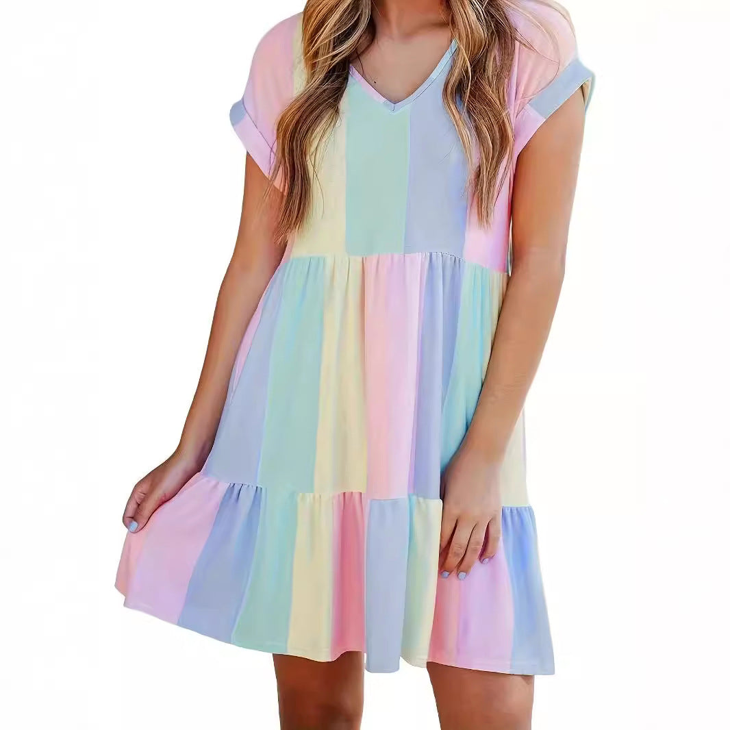 Damen Freizeitkleid mit farbenfrohem Streifenmuster und fließendem Design WW